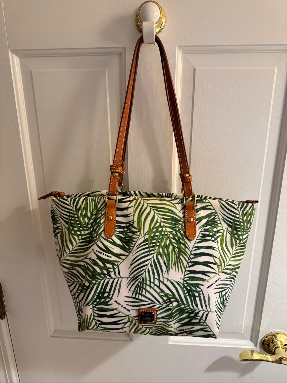 Dooney & Bourke Green Palm-Print Tote with Tan Leather Straps
